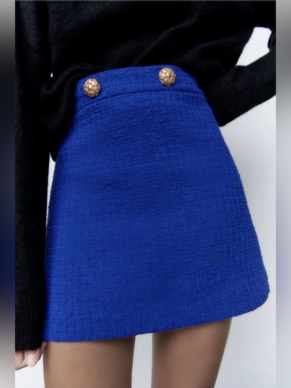 Zara Sapphire Blue Tweed Mini Skirt with Gold Buttons